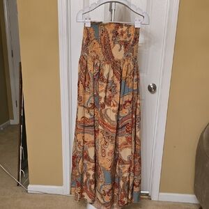 Orange and Brown Pleated Strapless Dress for Casual Resort Wear